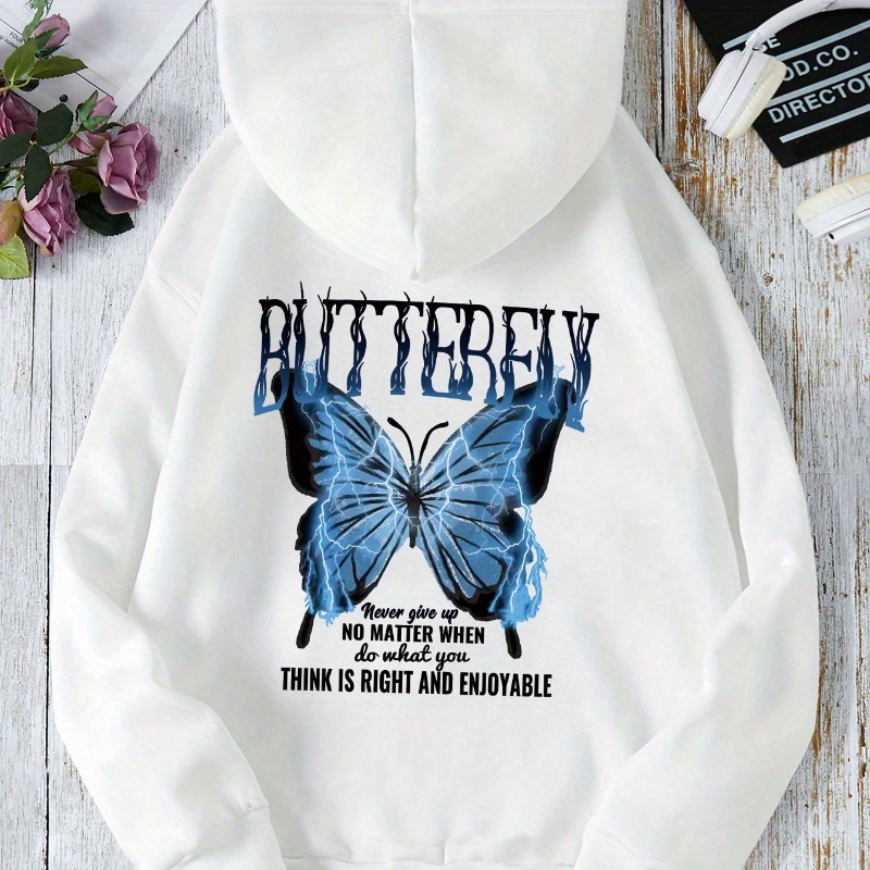 

Butterfly Print Kangaroo Pocket Hoodie, Casual Long Sleeve Drawstring Hooded Sweatshirt For Fall & Winter, Women's Clothing