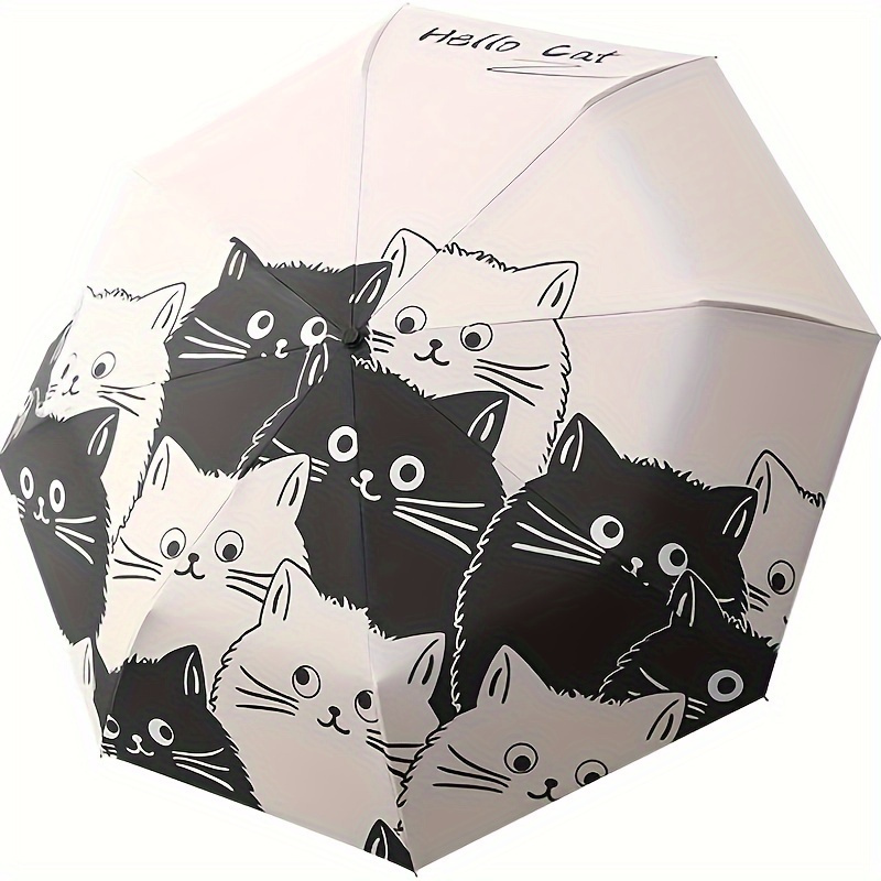 

8-rib Automatic Large Cat Umbrella For Rain And Sunshine - Water-resistant Pongee Fabric, Iron Handle And Ribs, Minimalist Design, Compact And Windproof - Perfect For Outdoor Activities