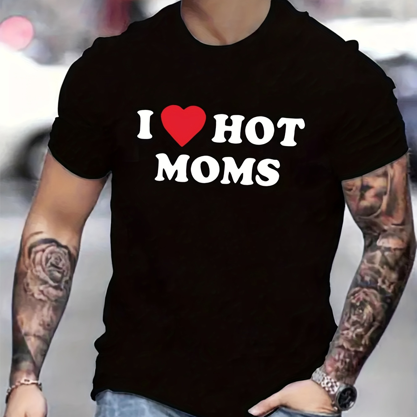 

100% Cotton, I Love Hot Moms Print T Shirt, Tees For Men, Casual Short Sleeve T-shirt For Summer