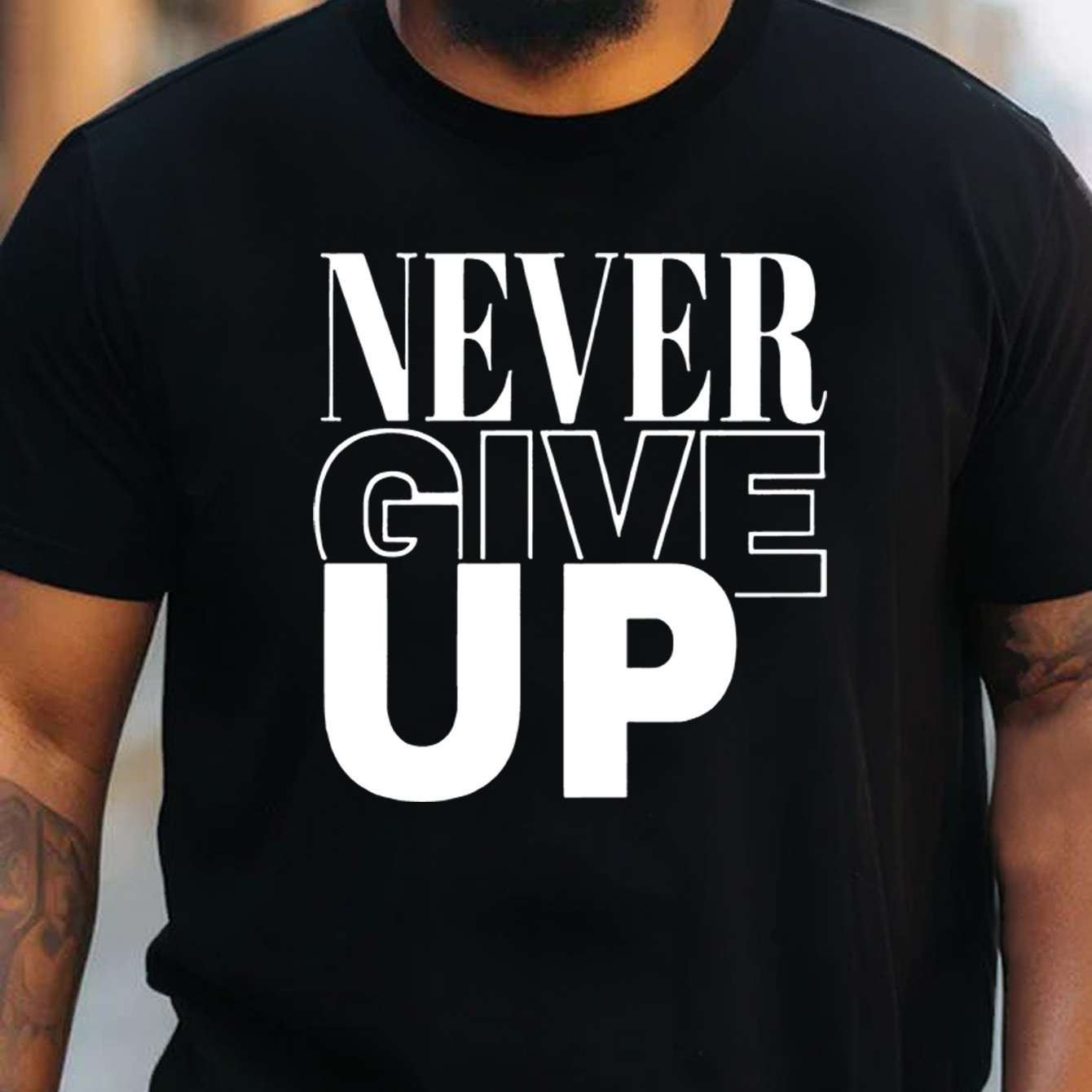 

Never Give Up Creative Alphabet Print Plus Size Men's Crew Neck Short Sleeve Comfy Summer T-shirt For Daily Wear And Work Out, 1 Pc, 100% Cotton T-shirt