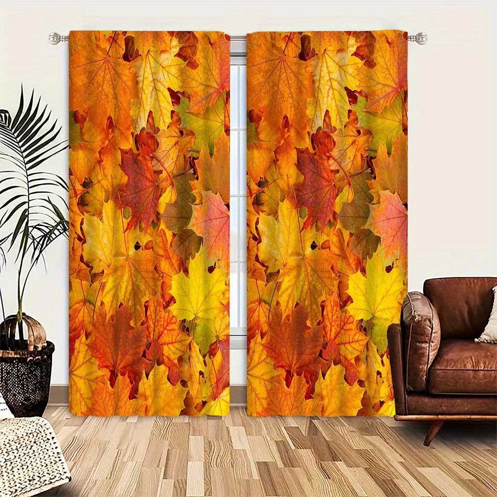 

Vintage Fall Maple Leaf Printed Semi-sheer Curtains - Rod Pocket Jacquard Woven Polyester Panels, Easy Machine Wash, Arts Theme For Living Room And Bedroom, Seasonal Charm Decor