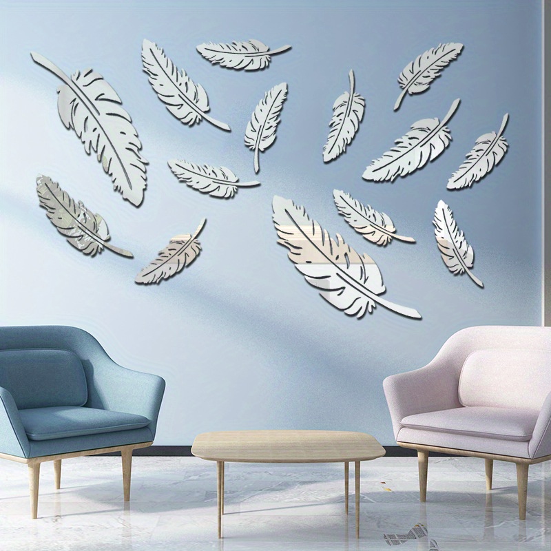 

Set Of 14 Acrylic Feather-shaped Mirror Wall Stickers, Feather Stickers For Living Room Bedroom Wall Creative Self-adhesive Tv Sofa Background Wall Decoration