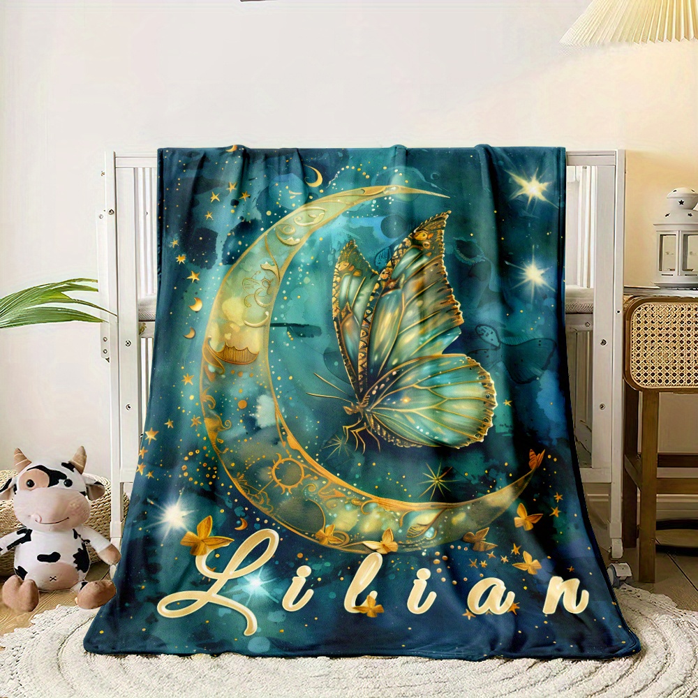 TEMU Custom Name Moon Butterfly Jacquard Throw Blanket – Cozy Lightweight Flannel Fleece, Versatile For Sofa, Bed, Travel, Camping, Office – Polyester Fiber, Machine Washable