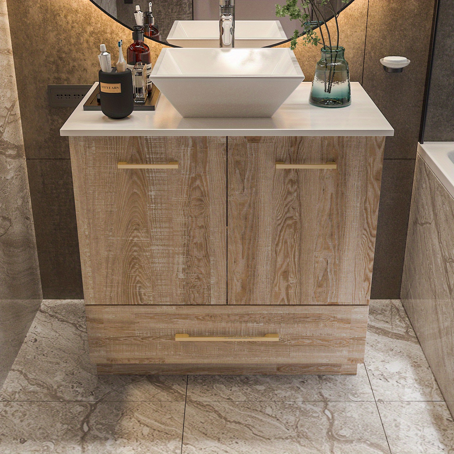 TEMU Free-standing Single Bathroom Vanity, With White Ceramic Top, White Washbasin, Oak Cabinet Body, Large Storage Capacity
