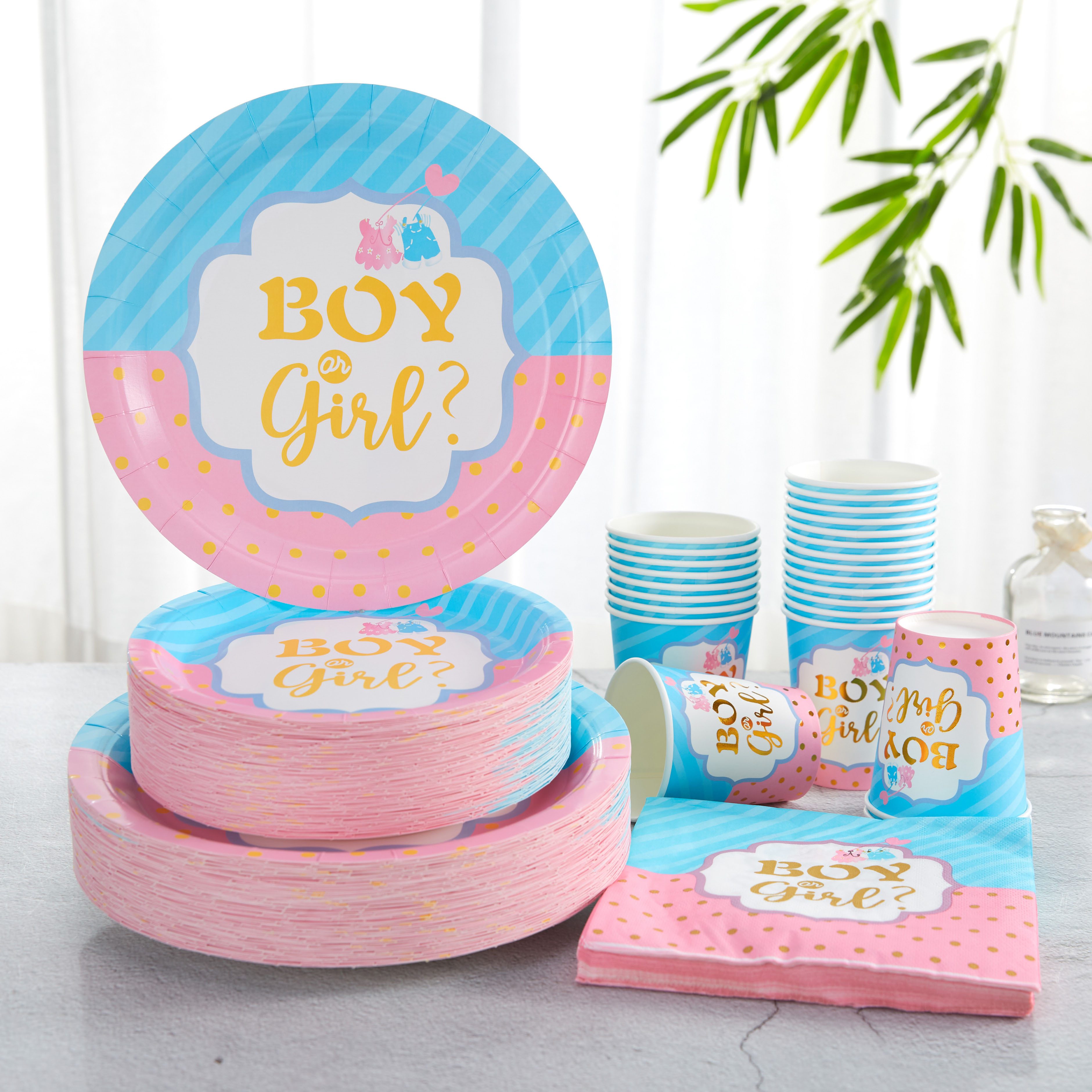 

Gender Reveal Party Supplies: 96 Pcs - 7/9 Inch Plates, Cups, And Napkins In Pink And Blue For A Festive Celebration