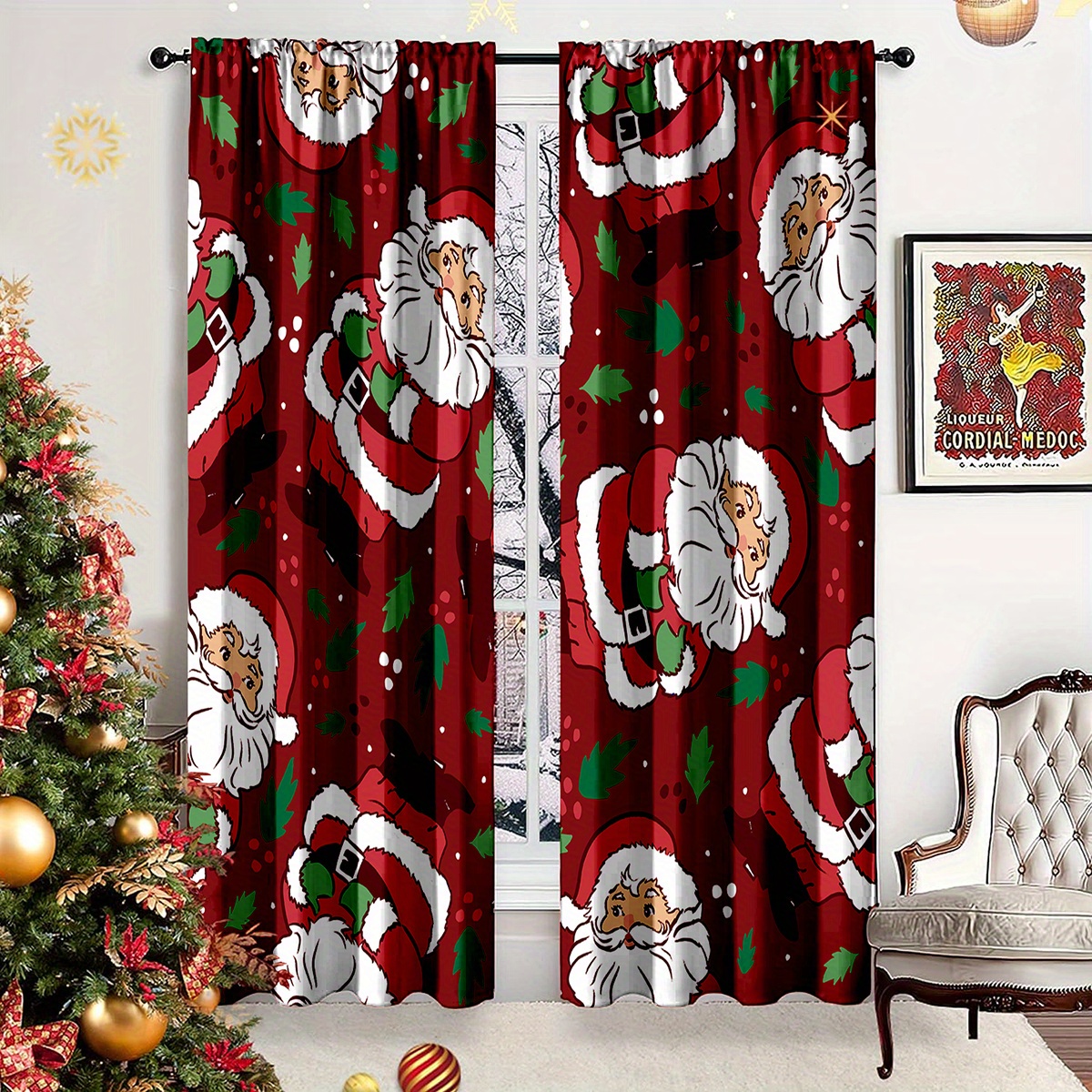 

2pcs Santa Claus Christmas Door Curtains Set - Lightweight, Washable Polyester Drapes For Home Decor In Bedroom, Living Room & More