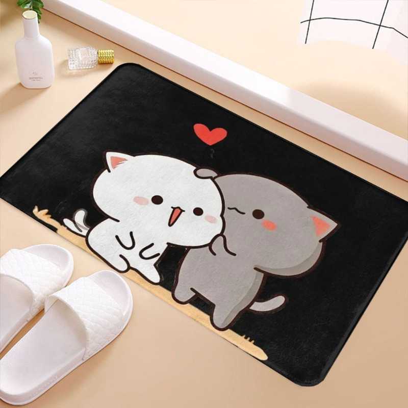 

And Dudu Cartoon Cats Flannel Doormat - 1pc Soft Polyester Non-slip Rug Pad For Living Room, Bedroom, Kitchen, Balcony - Cute Animal Design Home Decoration Floor Mat - Machine Washable