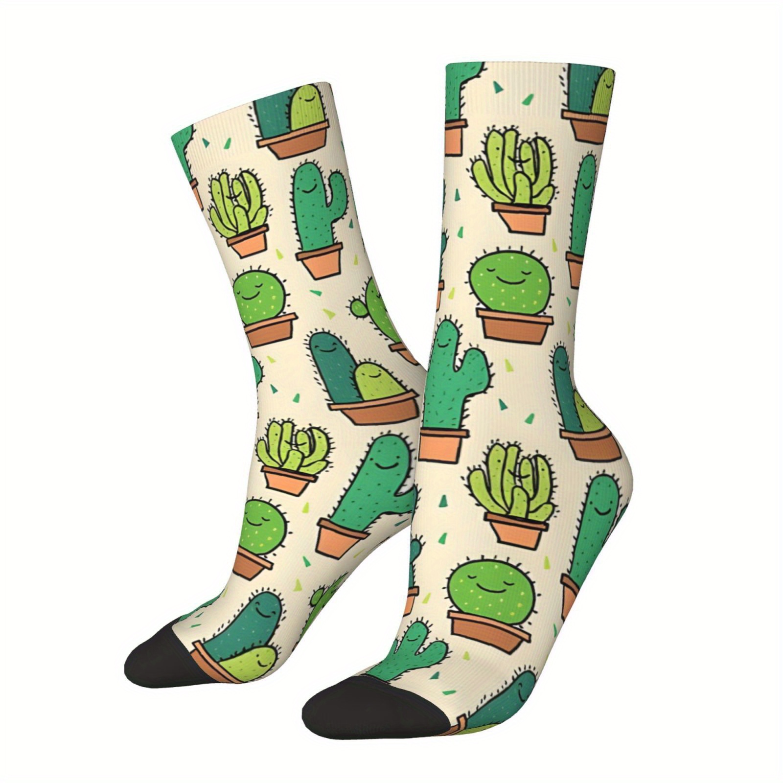 

1 Pair Of Unisex Cactus Pattern Crew Socks, Soft Comfy Breathable Knitted Socks For Daily Wearing