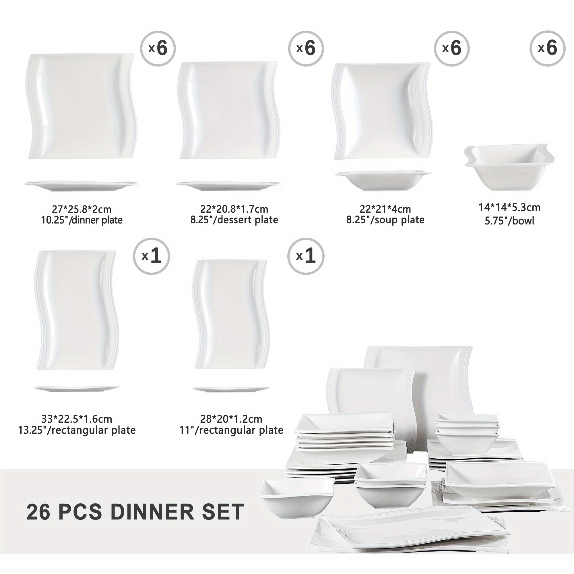Plates And Bowls Sets, 26pcs Square Dinnerware Sets Without Mugs, Porcelain Dinnerware With Dinner Plates, Bowls And Serving Platters, Modern Dish Set For 6
