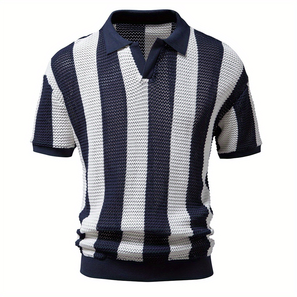 

Summer Lapel Mesh Shirt Hollow Short-sleeved Fishnet Trendy Men's Striped Polo Shirt