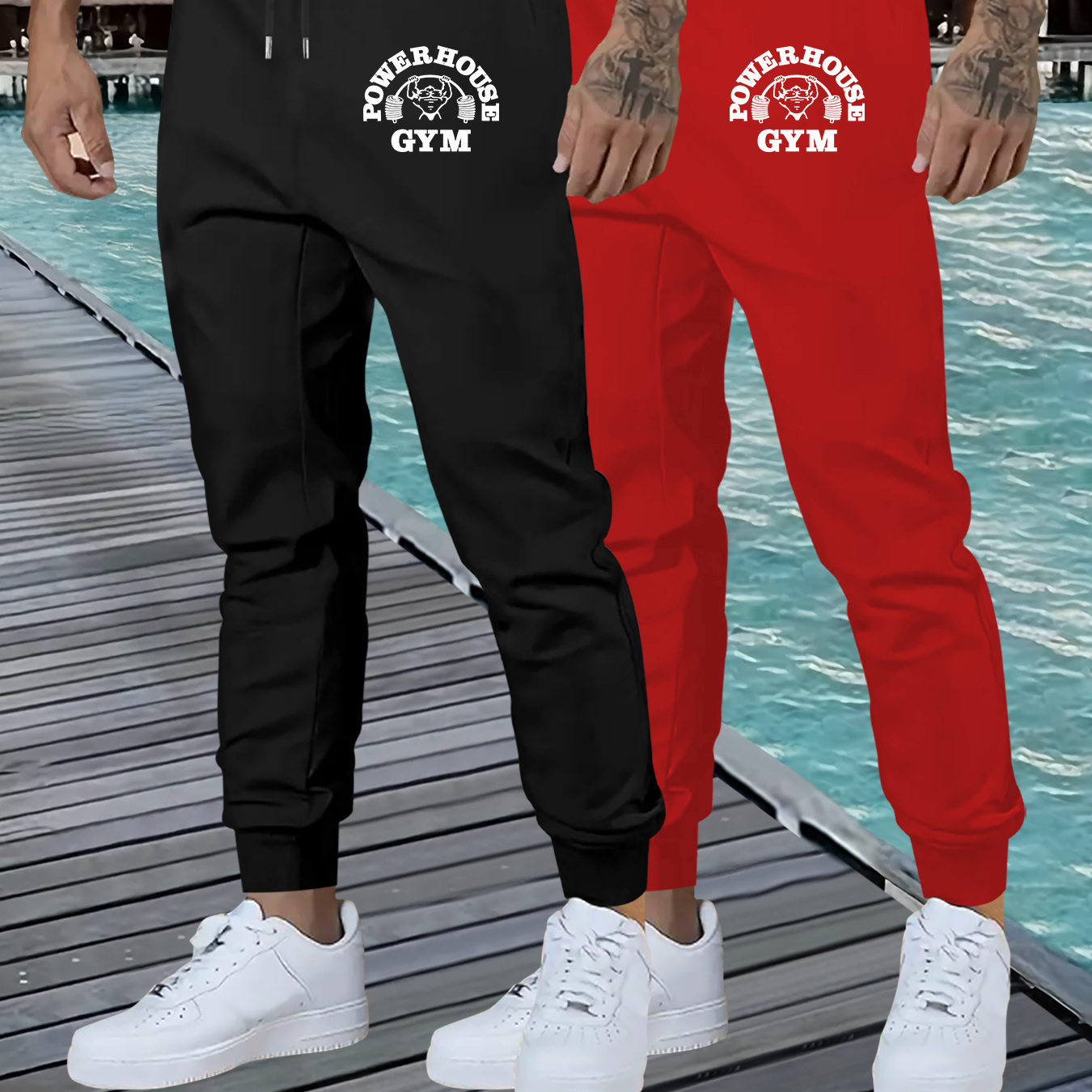 

Gym Workout Logo Print, Men's 2 Pcs Comfortable Casual Sweatpants With Drawstring, Tapered Cuff Pants Design, Ideal For Daily And Outdoor Wear