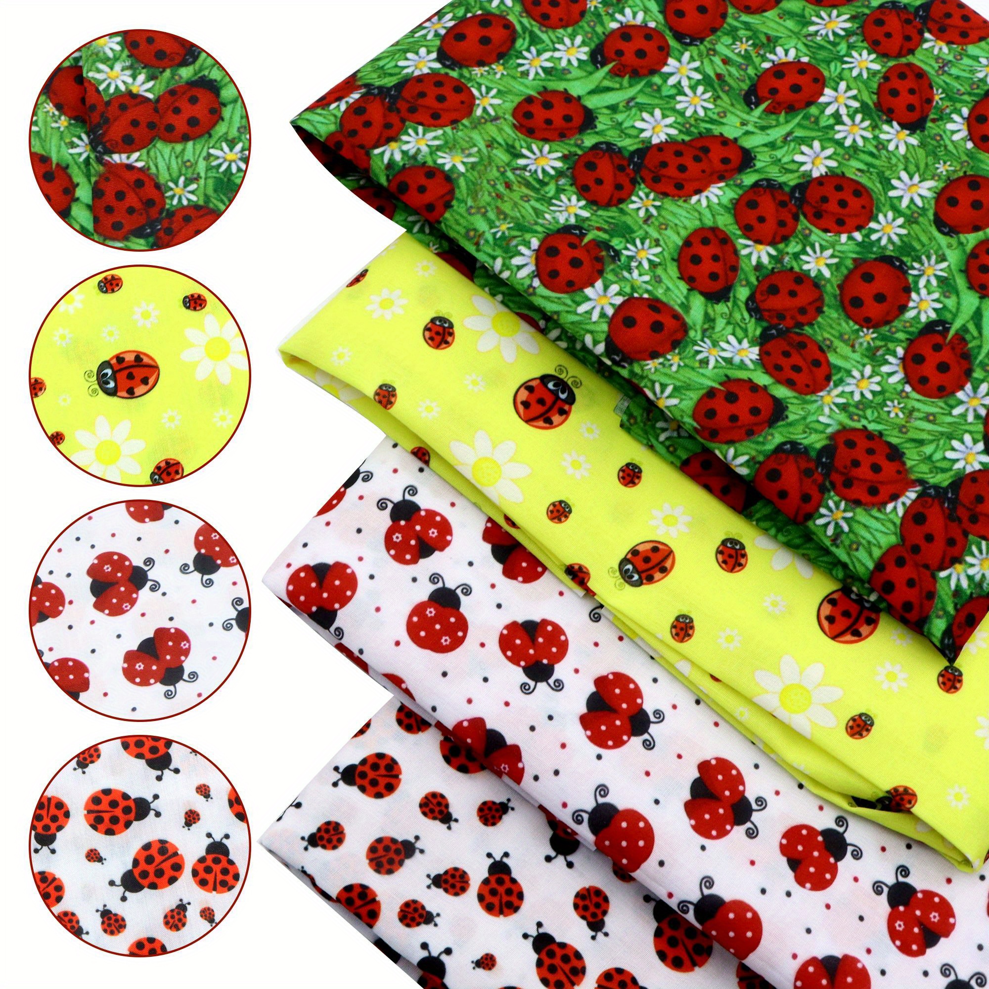 

Ladybug Print Quilting Fabric Bundle - 4pcs Set, Pre-cut Fat Quarter Squares For Patchwork & Crafting, Polyester, Hand Wash Only, 7.87x7.87 Inches