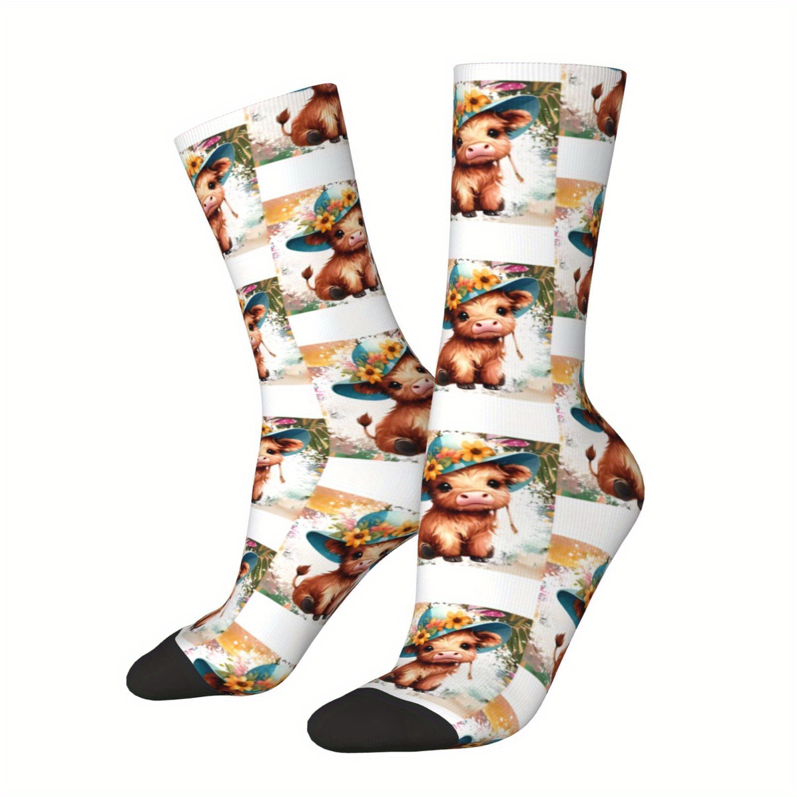 

1 Pair Cute Highland Cow Farmhouse Floral Watercolor Sock For Men Hip Hop Vintage Happy Quality Pattern Printed Boys Crew Sock Novelty Gift