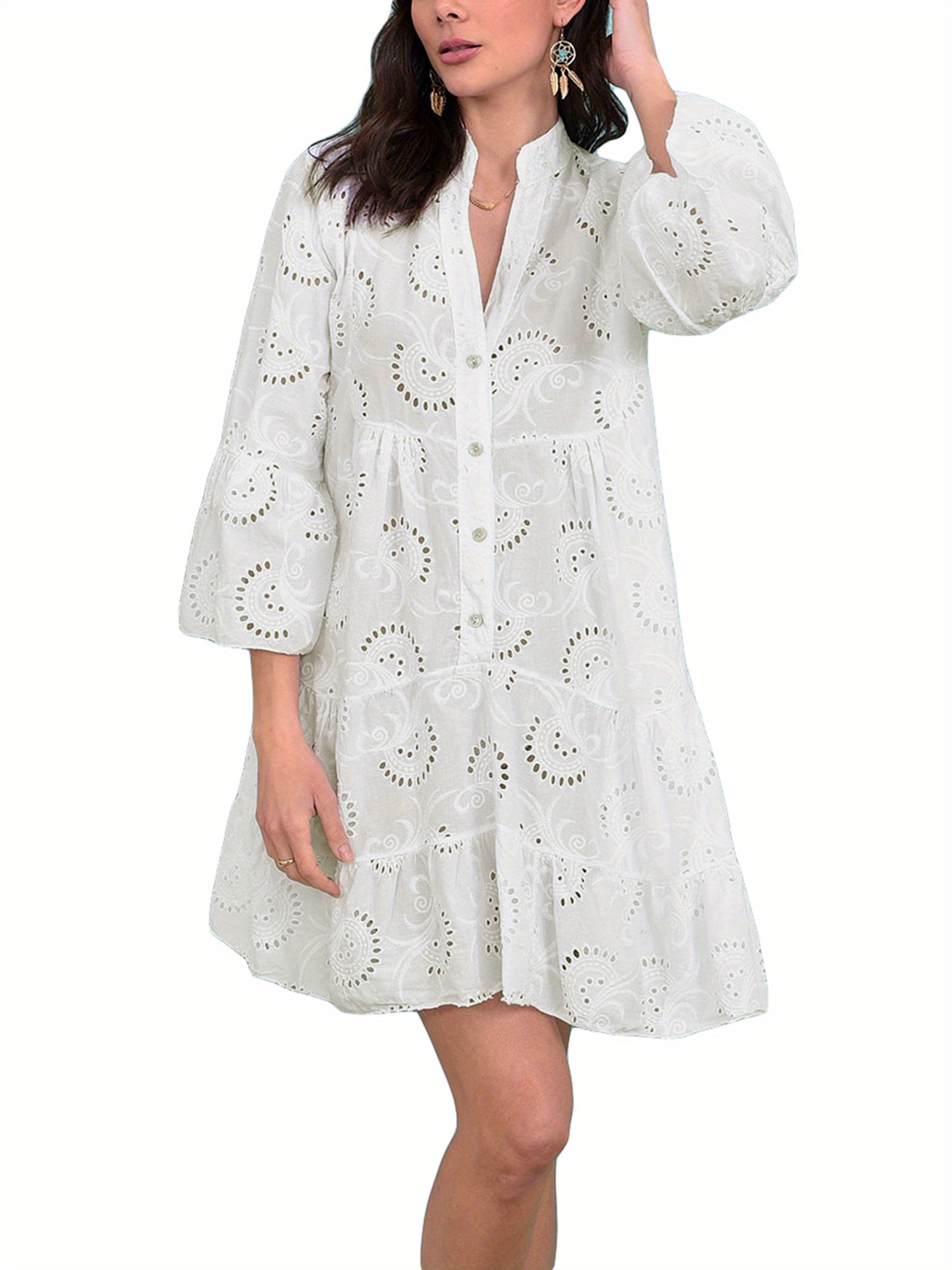 chinese dress ladies Feminine Lace Shirt Dress With Half-Placket Beige – Julia Allert main image 0