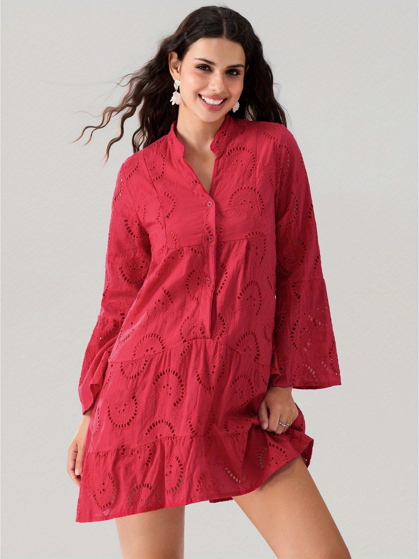 womens embroidery lace shirt dress eyelet hollow long sleeve - Temu