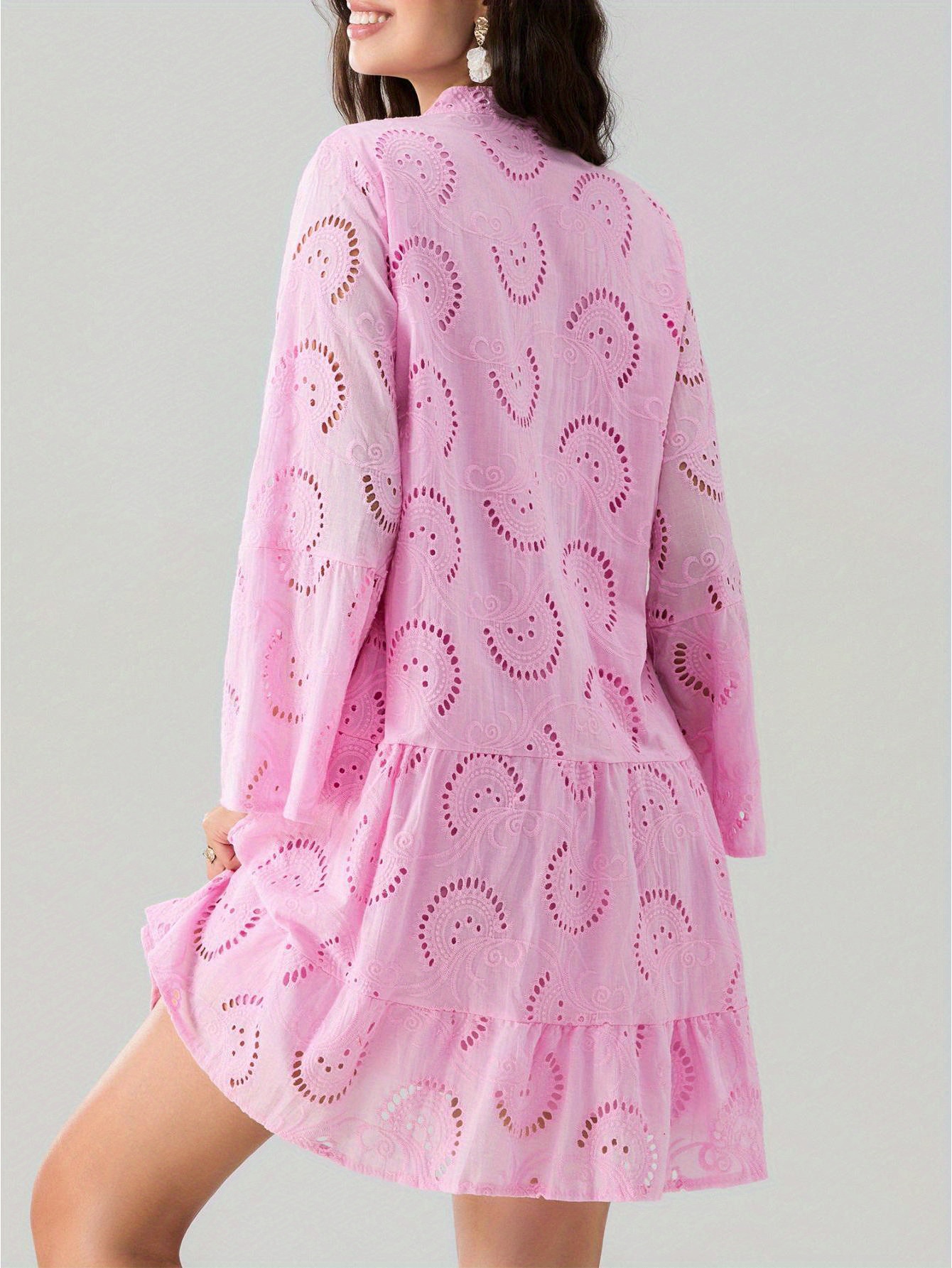 womens embroidery lace shirt dress eyelet hollow long sleeve - Temu