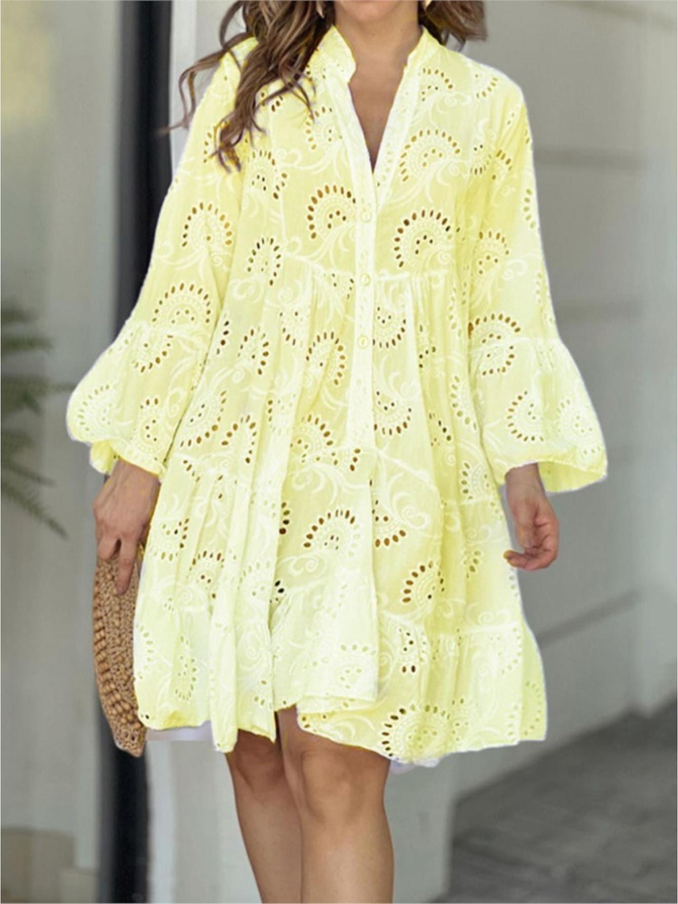 chinese dress ladies Floral Embroidered Lace Midi Dress Women Hollow Out Puff Ruffle Long S main image 1