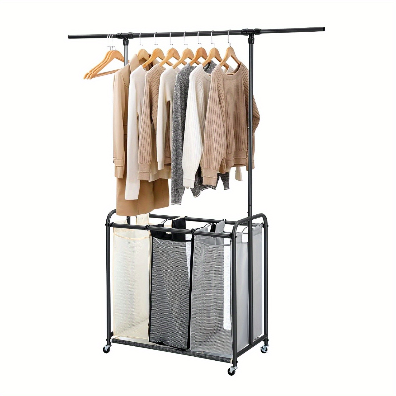 

Laundry Sorter With Extendable Hanging Bar, Laundry Hamper Cart With 3 Colors Removable Bags, Heavy Duty Lockable Wheels, Laundry Organizer Cart For Laundry Room Bed Room Clothes Storage