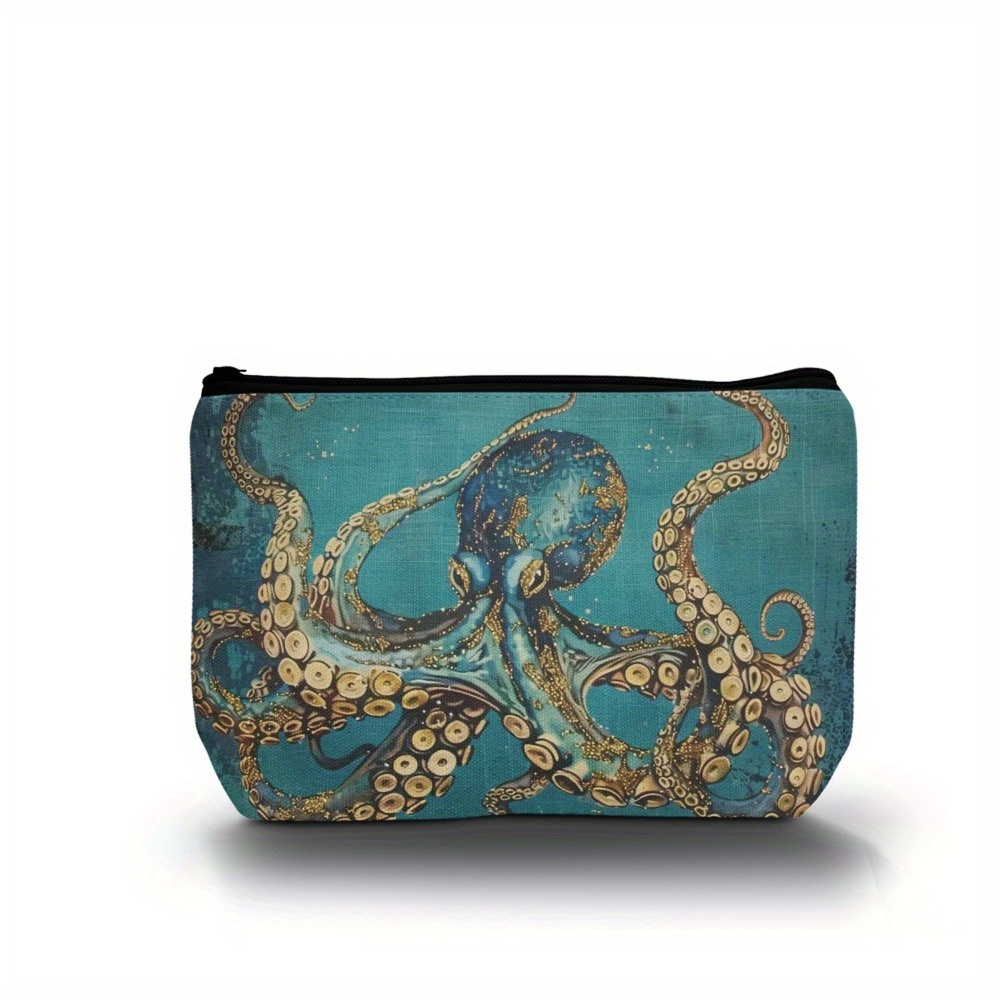 

Octopus Print Lightweight Makeup Bag With Zipper - Carry-on Pouch, Polyester, Storage Bag