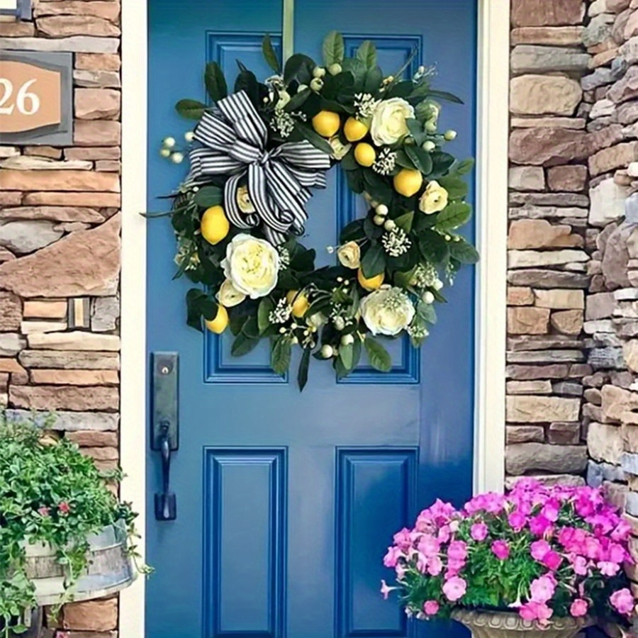 

1pc Artificial Eucalyptus Wreath, 17in Front Door Hanging Wall Decor Farmhouse Lemon Decoratived Christmas Thanksgiving Wreath, Yard Decoration, Yard Supplies, Party Decor, Garden Decor