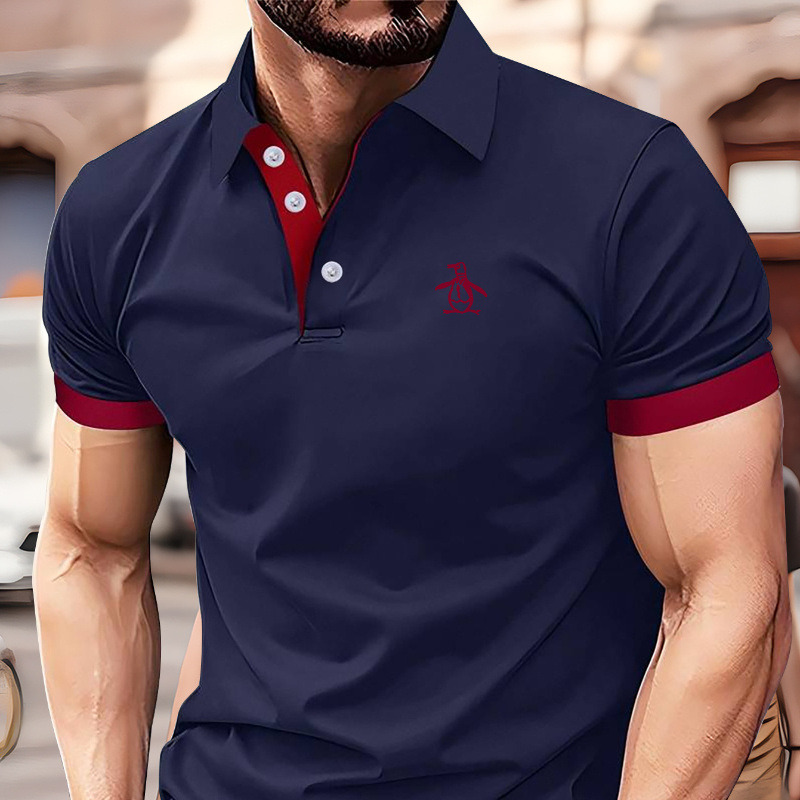 

Men's Summer Casual Polo Shirts - Regular Fit Knit Polyester, Geometric Pattern Contrast Color, Short Sleeve Lapel Collared Polo With Button Detail A1149