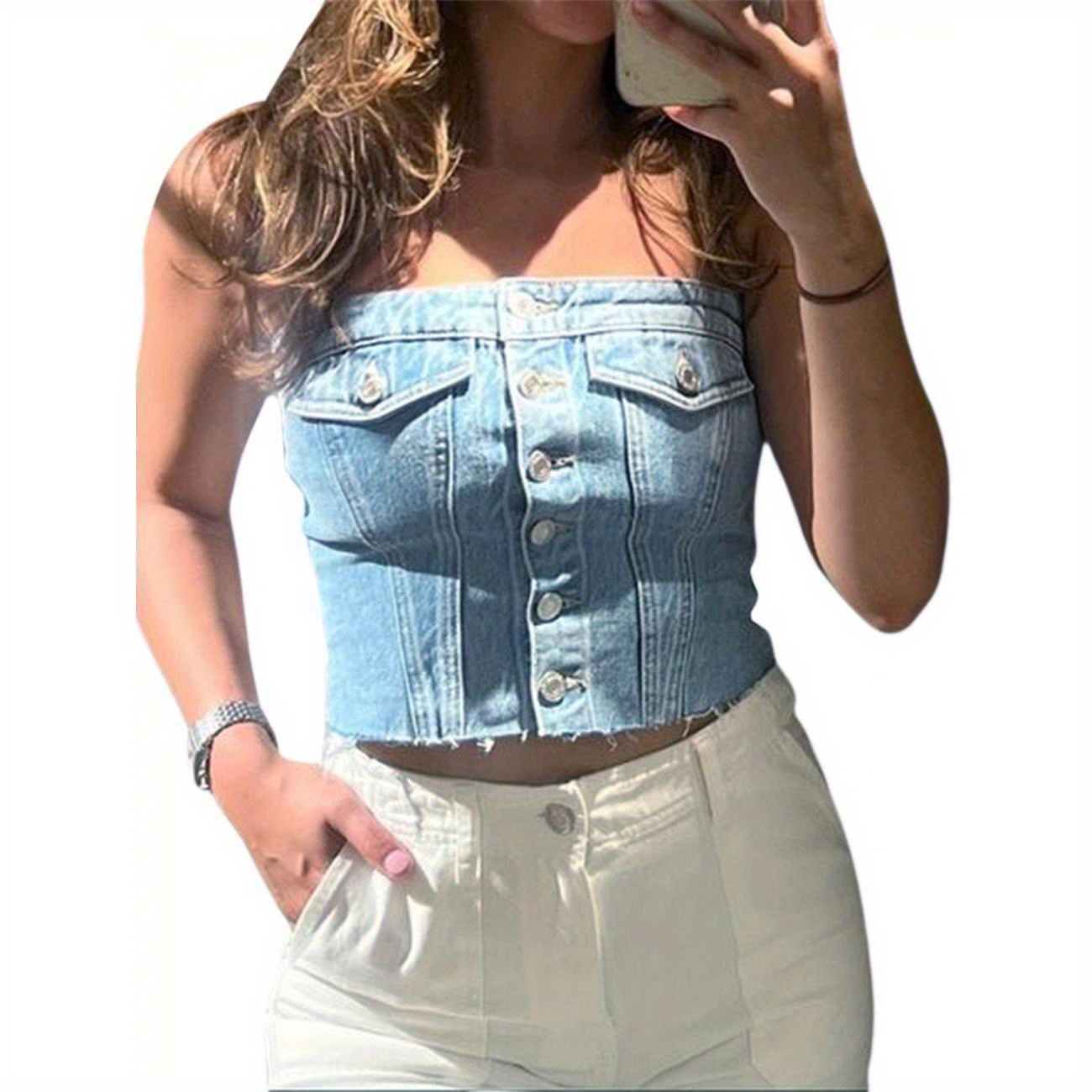

Women Denim Vest, Off Shoulder Street Casual Party Street Fall Buttons Short Wrap Chest Vest