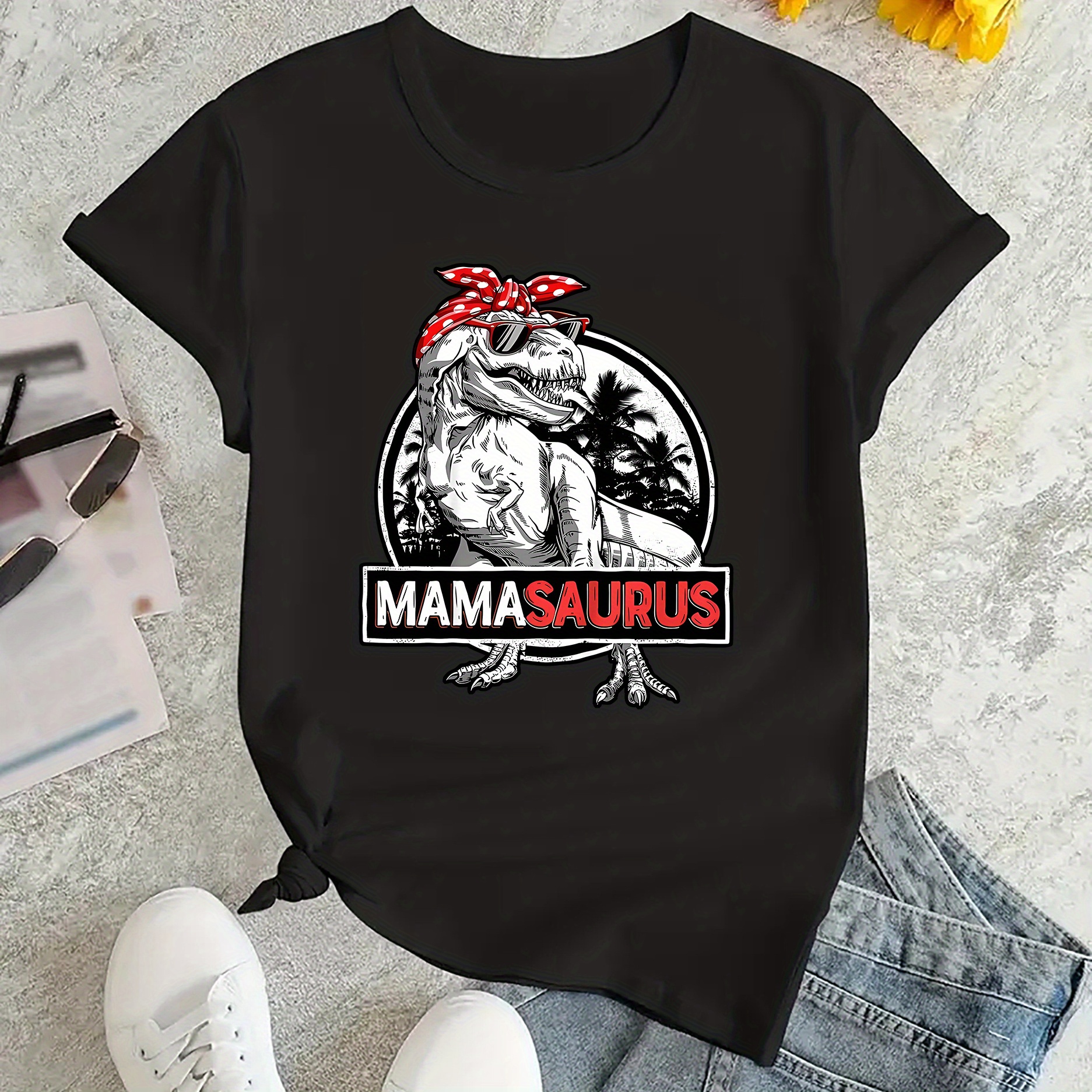 

Fashion Trendy Dinosaur Graphic Women's Short Sleeve Casual Sport T-shirt, Simple And Comfortable Summer Holiday Top