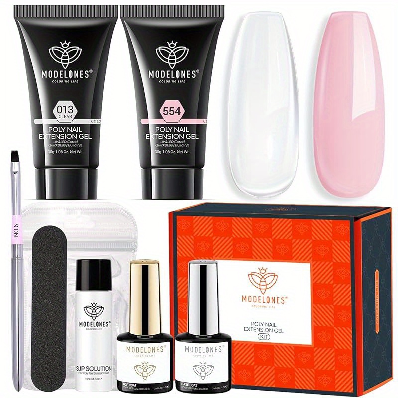 TEMU Modelones Poly Nail Gel Kit 30ml 2 Colors Clear Nude Pink Poly Extension Gel With Slip Enhancement Starter Nail Kit Nail Technician French Nail Art Kit