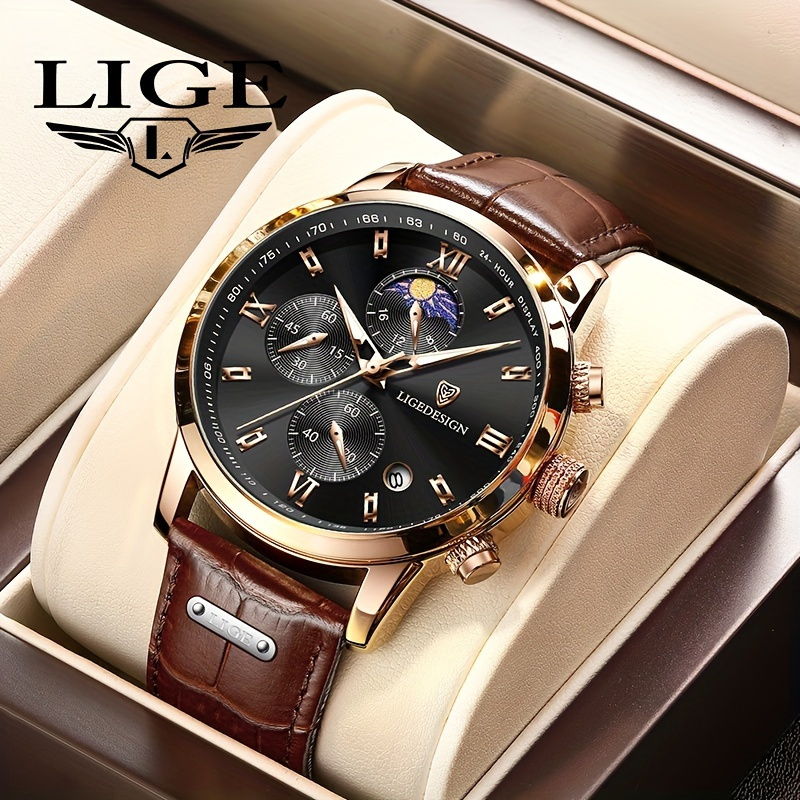 

Lige Fashion Quartz Watch, 24 Hours Calendar/night Light Mode/genuine Strap Business Casual Watch, Unique Personality Charm Wrist Watches For Women/men, Ideal Choices For Present