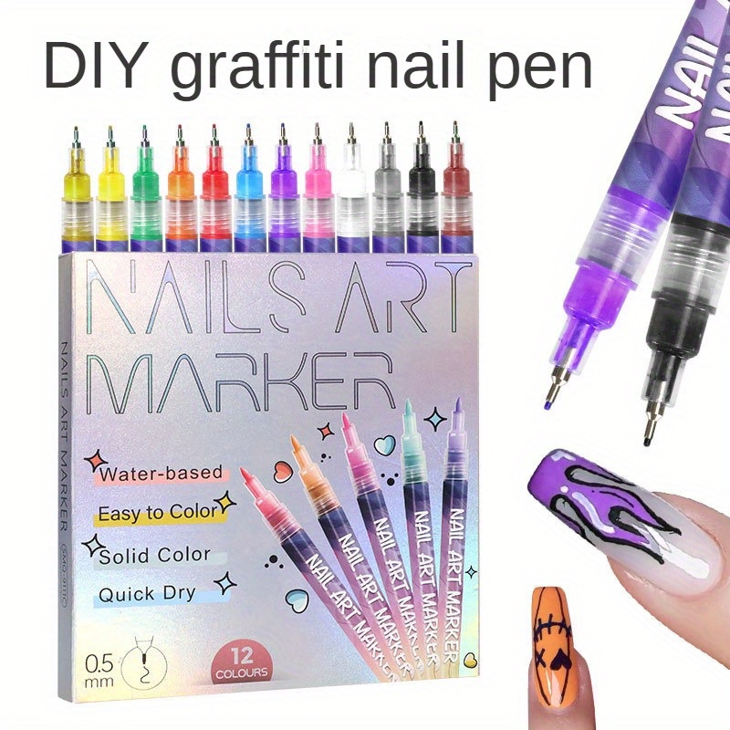 

12-color Nail Art Pen Set, Diy Graffiti Quick Dry, Precision 3d Nail Design Markers, Professional Lasting Detail, Water-based, Alcohol-free, Ideal For Home Salon Use
