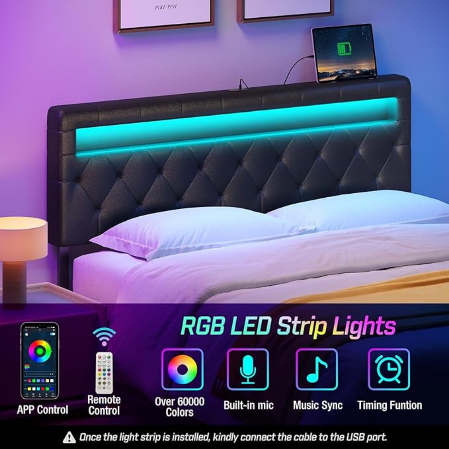 

Greenstell Headboard For Full Size Bed With 60, 000 Diy Color Of Led Light, Usb & Type C Post, Attach Frame, Height Adjustable, Black Wall Mounted Head Boards Only, Sturdy & Stable, Comfortable, Full