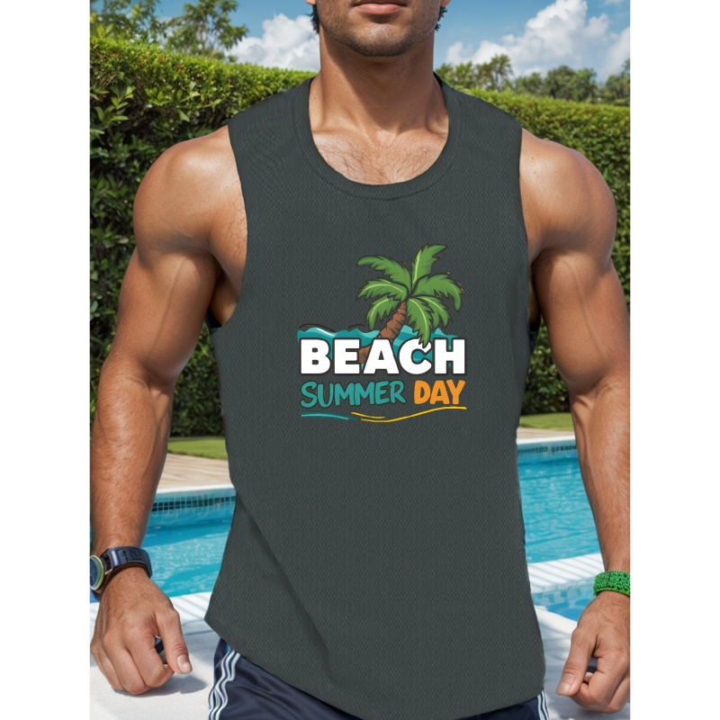 

Beach Summer Day Print Men's Quick Dry Moisture-wicking Breathable Tank Tops, Athletic Gym Bodybuilding Sports Sleeveless Shirts, Men's Vest For Workout Running Training Basketball Fitness