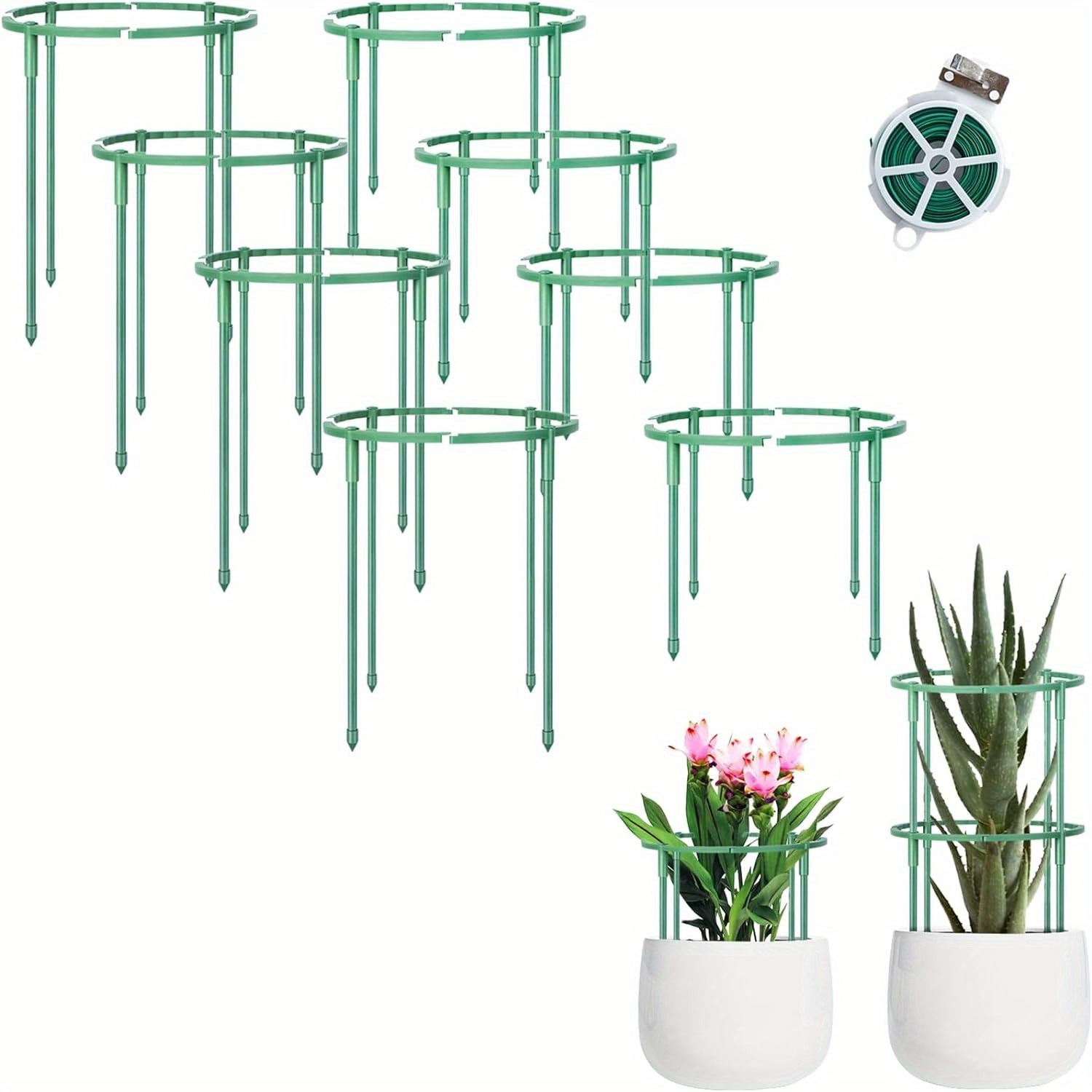 

8 Set Of Plant Support Stakes, 32pcs Stackable Flower Support Stakes, Half Round Plant Supports With 65ft Twist Tie, Plant Stakes For Garden Indoor Outdoor Plants Flowers