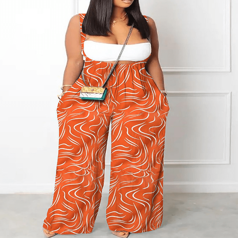 

Ladies' Abstract Printed Loose One-piece Trousers With Adjustable Shoulder Straps