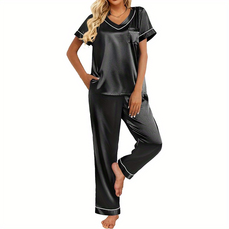 

Satin Pajamas For Women Short Sleeve Silk Pajama Sets Soft Sleepwear Top With Causal Long Pj Pant