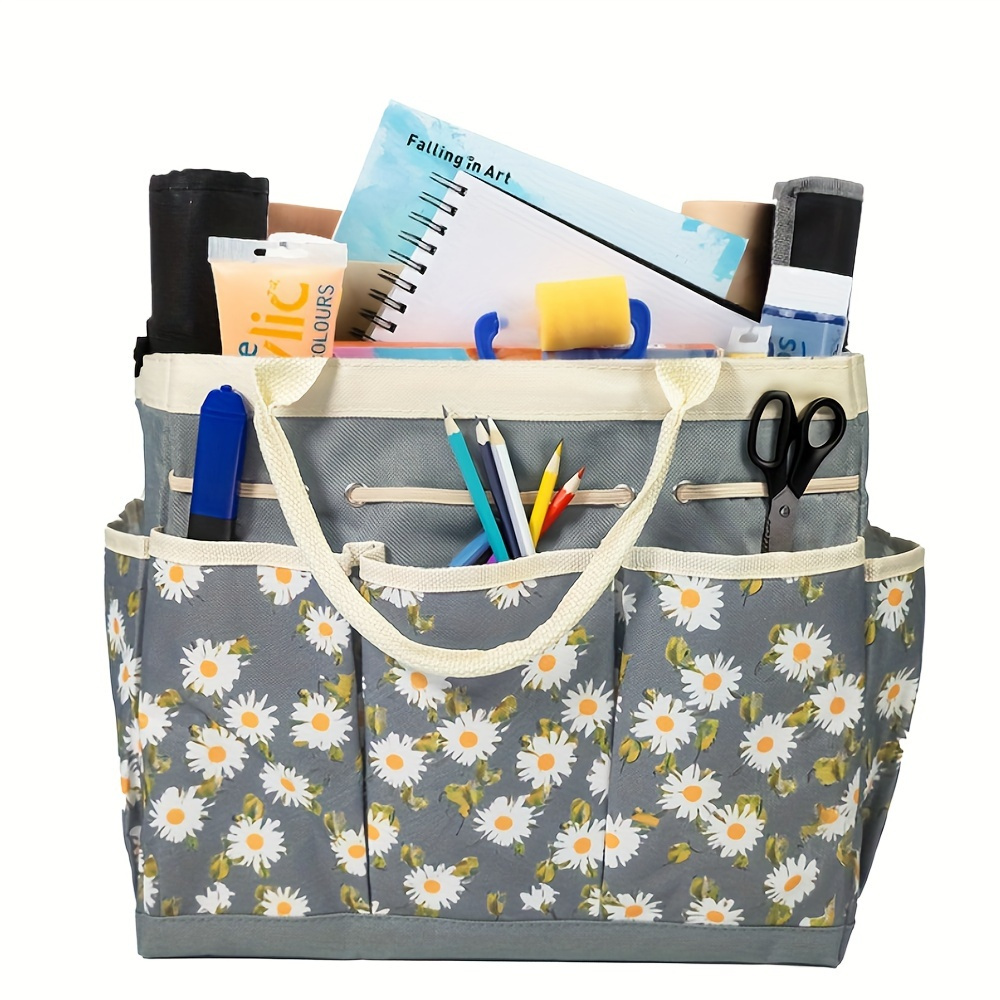 

Daisy Print Desktop Organizer Tote Bag - Spacious Art & Craft Storage With Secure Makeup Compartment - Perfect For Travel, Daily Use, And Office Organization - Sturdy Handles