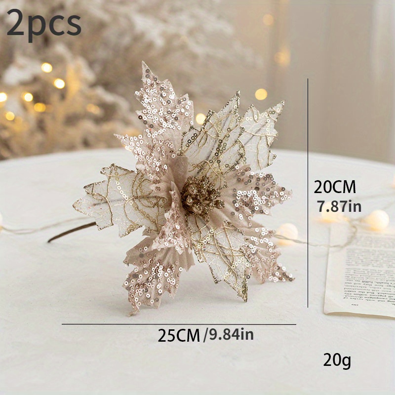 TEMU 2 Pieces Of Christmas Flowers, Golden Artificial Christmas Flowers, Christmas Tree Decoration Flowers, 20cm Sequin Velvet Christmas Flowers