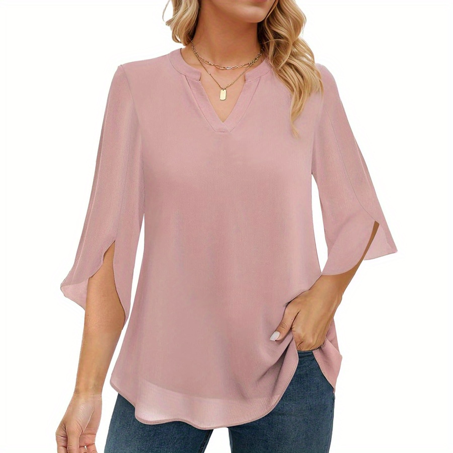 

V Neck Split 3/4 Sleeve Blouse, Casual Loose Chiffon Blouse For Daily Wear, Women's Clothing