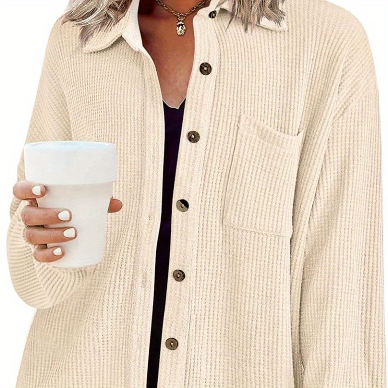 

Waffle Button Down Shirt Women Casual Knit Tops Long Sleeve Loose Fit Shacket With Pocket