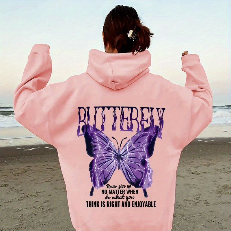 

Butterfly Print Kangaroo Pocket Hoodie, Casual Long Sleeve Drawstring Hooded Sweatshirt For Fall & Winter, Women's Clothing