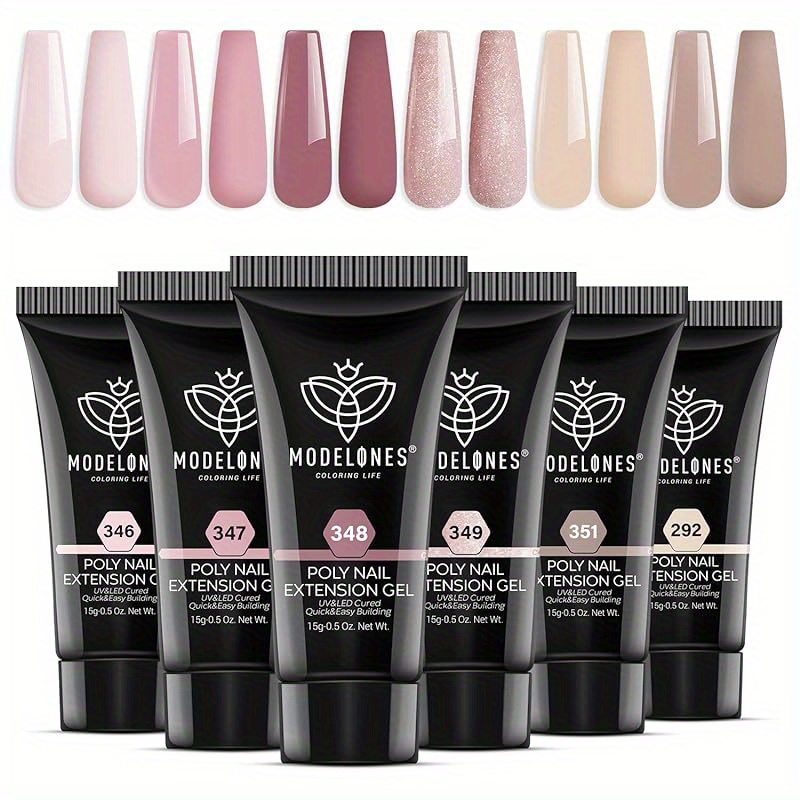 TEMU Poly Nail Gel Set, 6 Colors Nude Pink Neutral Glitter Poly Extension Gel Nail Enhancement Set Builder Nail Gel Khaki Brown Diy Manicure Art Home Gift