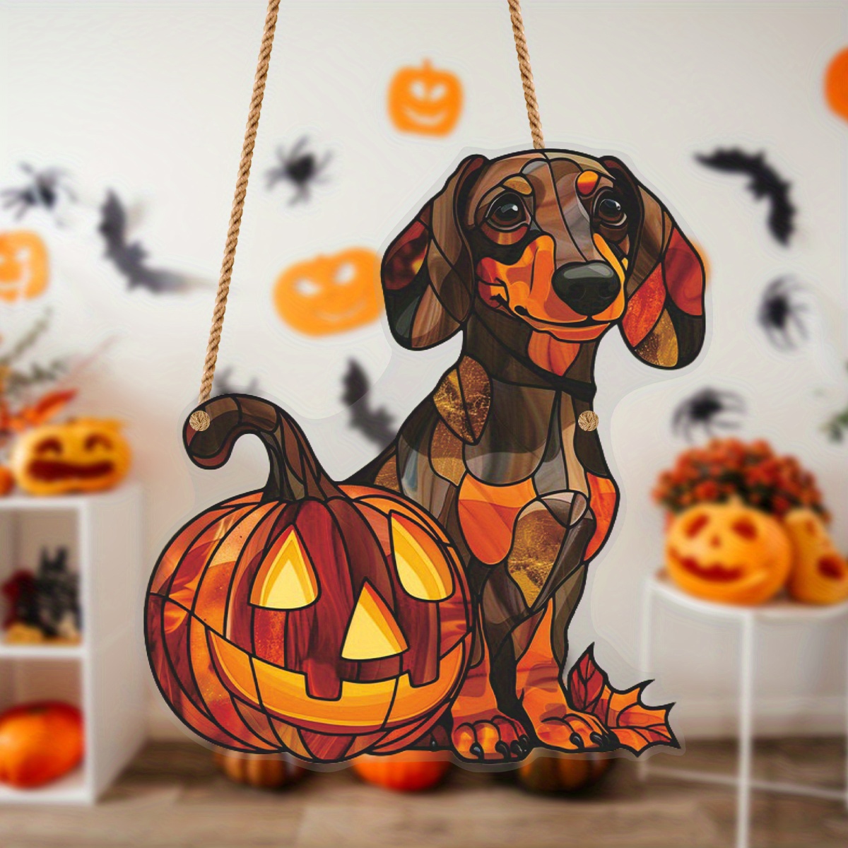 

Halloween Acrylic Hanging Decoration - 1pc Classic Style Dachshund With Pumpkin - Spooky Dog Window Hanging Art Decor For Home, Fall Gifts, Halloween Wall Decorations