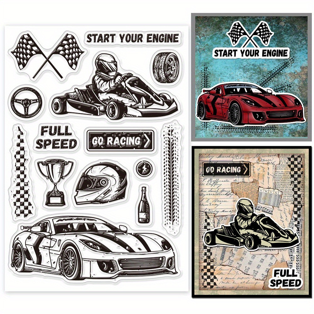 

1sheet Themed Clear Stamps Set With Kart, Trophy & Tire Trace Designs For Diy Scrapbooking, Photo Albums & Greeting Cards - Durable Plastic, Versatile Black Ink-compatible, 6.3x4.33inch