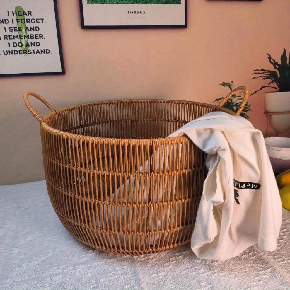 large waterproof   rattan laundry basket with handles   round hamper for clothes toys bathroom storage details 0