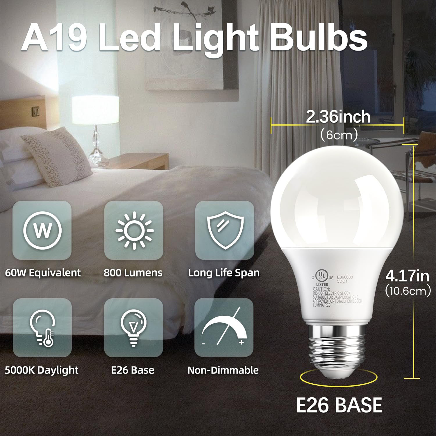 

5000k A19 E26 Led Bulbs, Bright White, 60w Eq., 800lm, High Cri, 15k Life, Standard A19, E26 Base, 9w Efficient, Non-dimmable, 12/24 Packs For Bedrooms & Living Rooms.