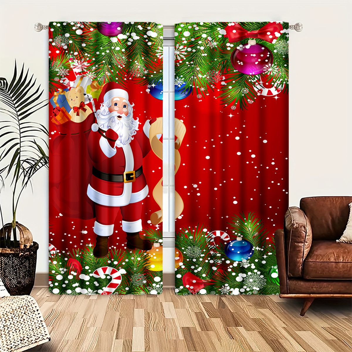 

Christmas Santa Claus Door Curtains Set Of 2, Art Deco Washable Polyester Panels With Tie Back, Festive Red Bedroom Doorway Drapes, Unlined Satin Weave Landscape And Flowers Design For Holiday Decor