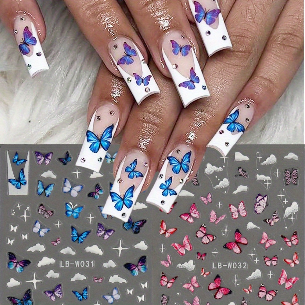 

2pcs Glossy Butterfly Nail Art Stickers Decals, Animal Print Self-adhesive With Glitter, Cartoon Theme Plastic Nail Embellishments, Irregular Shape For Diy Manicure, Single Use On Plastic Surfaces