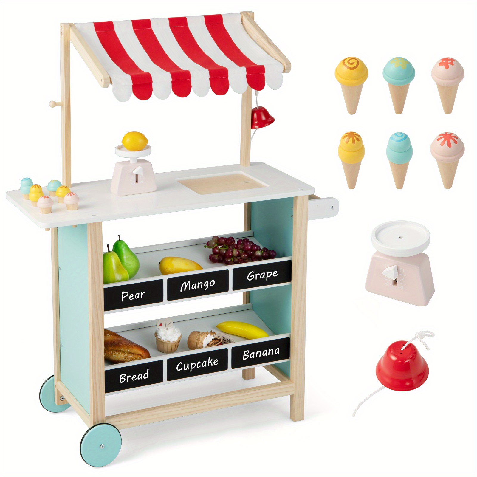 

Multigot Kids Ice Cream Cart Wooden Toddler Farmers Market Stand W/ Chalkboard & Storage