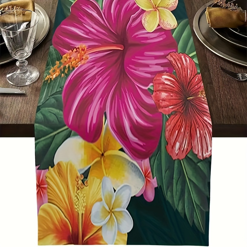 

Farmhouse Style Table Runner With Tropical Leaf And Flower Design - 72" X 13" - Machine Washable - Suitable For Farmhouse, Indoor, Kitchen, Anniversary, Table Decoration, Home Décor