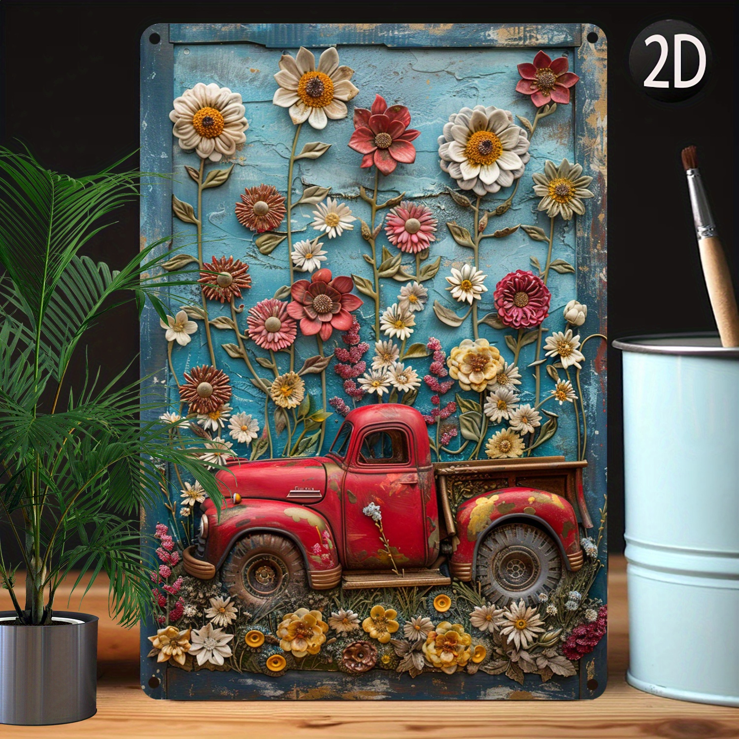 

Aluminum Wall Art, 1pc 8x12 Inch Red Truck And Flowers 3d Embossed Tin Sign, Durable Metal Flower Decor For Home And Office, Moisture Resistant Vintage Autumn Winter Decoration, Unique Gift Idea